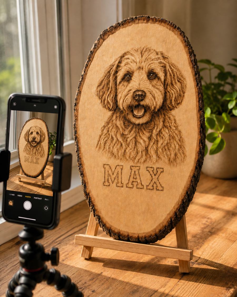 The finished MAX portrait on a small easel by a bright window, with a phone on a tripod set up to photograph it