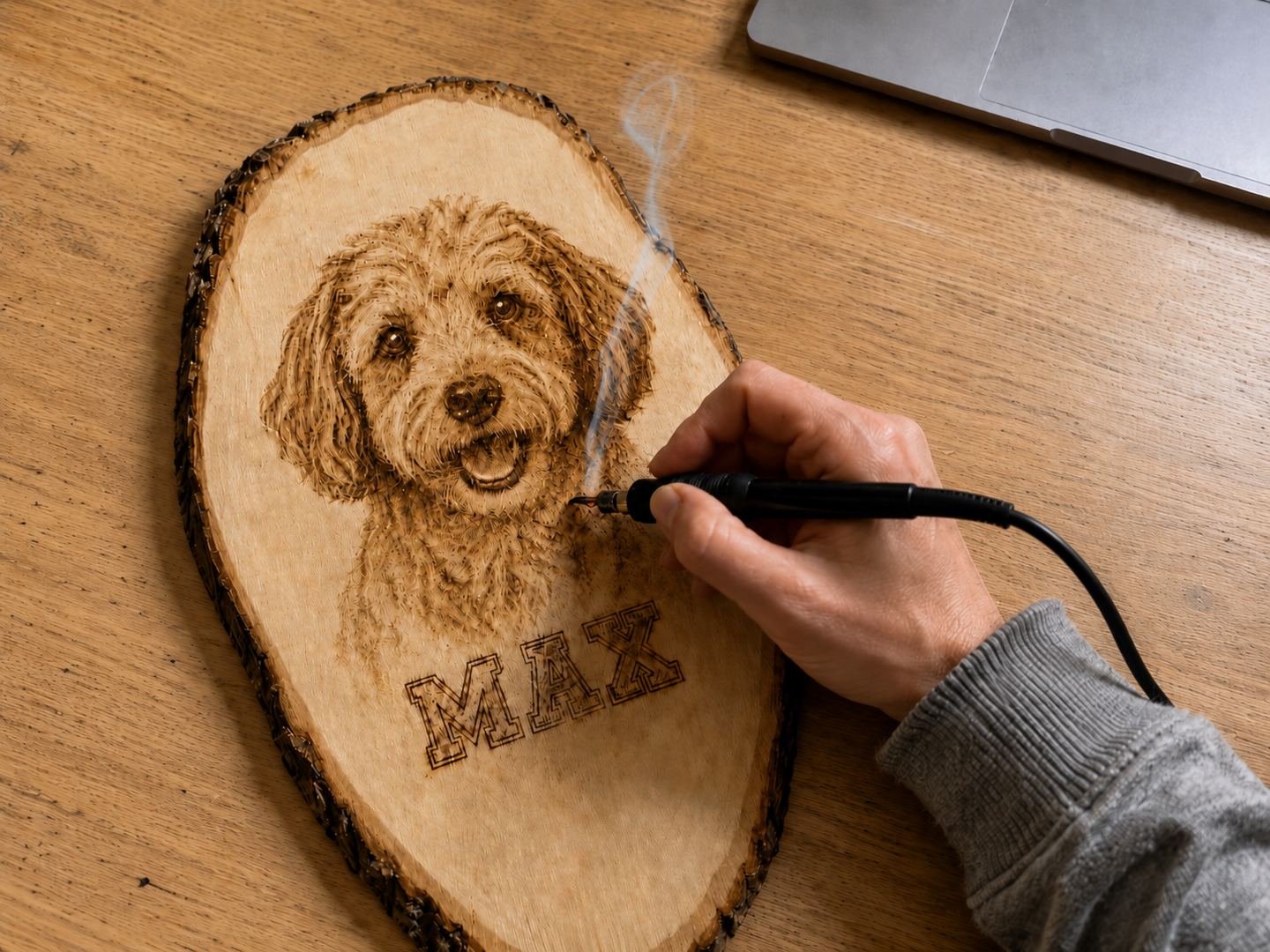 A hand burning a dog portrait into a slice of wood