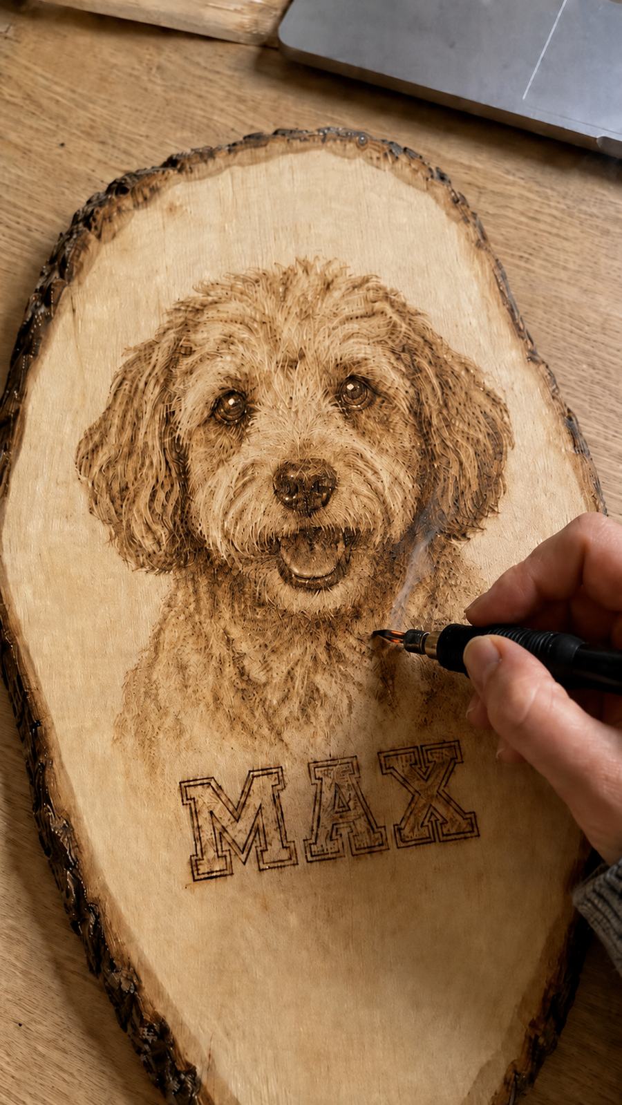A hand burning the final details of a fluffy dog portrait into a live-edge wood slab, with the name MAX burned below