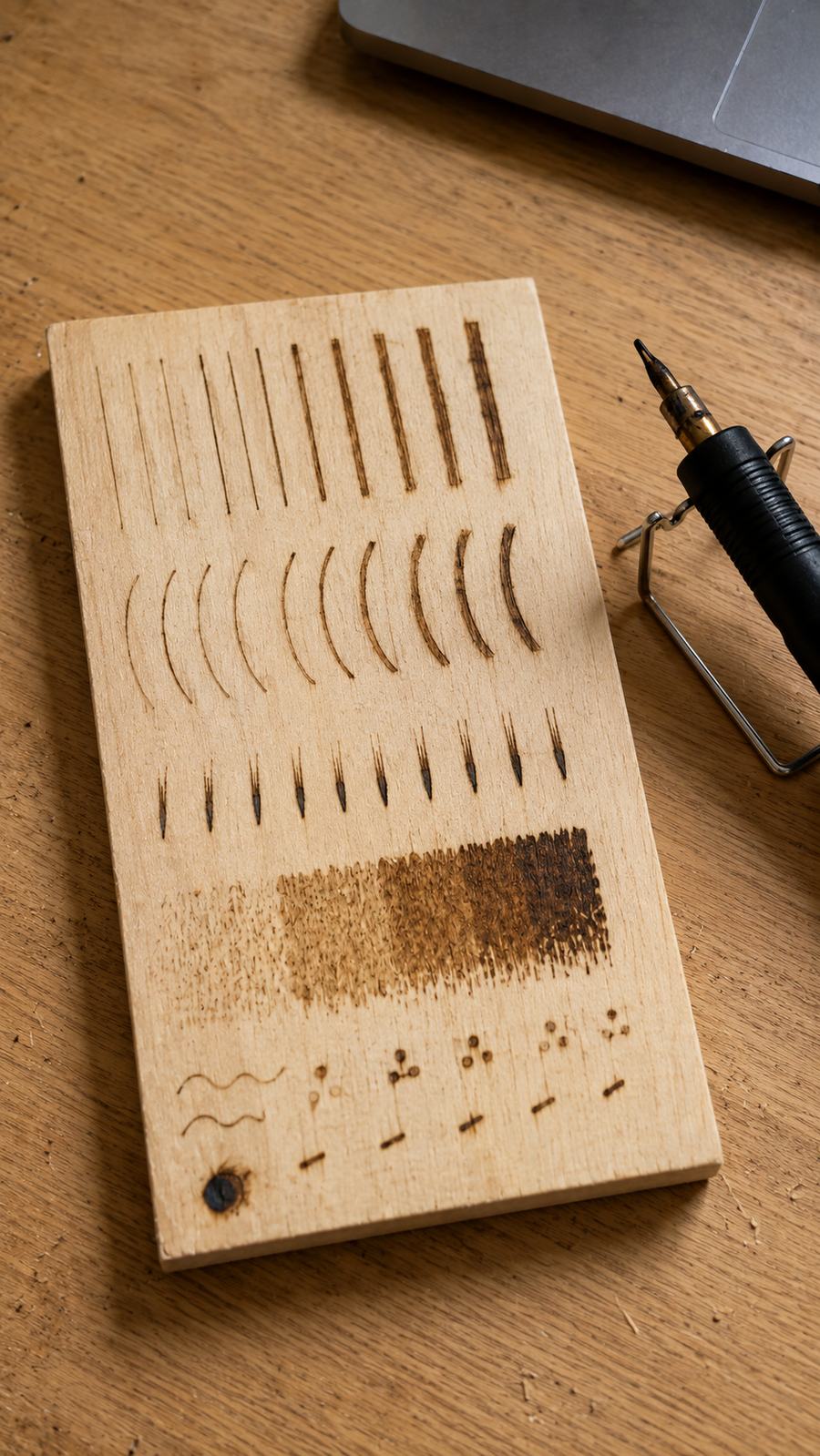 A woodburning practice board with rows of clean lines, curves, tapered flicks, and controlled shading tests