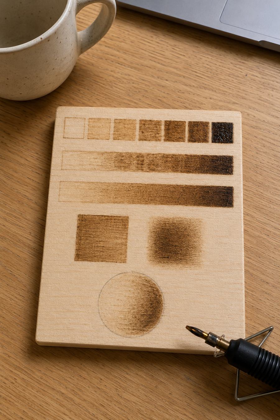 A shading board with a seven-step value scale, smooth gradients, and a shaded sphere and muzzle form
