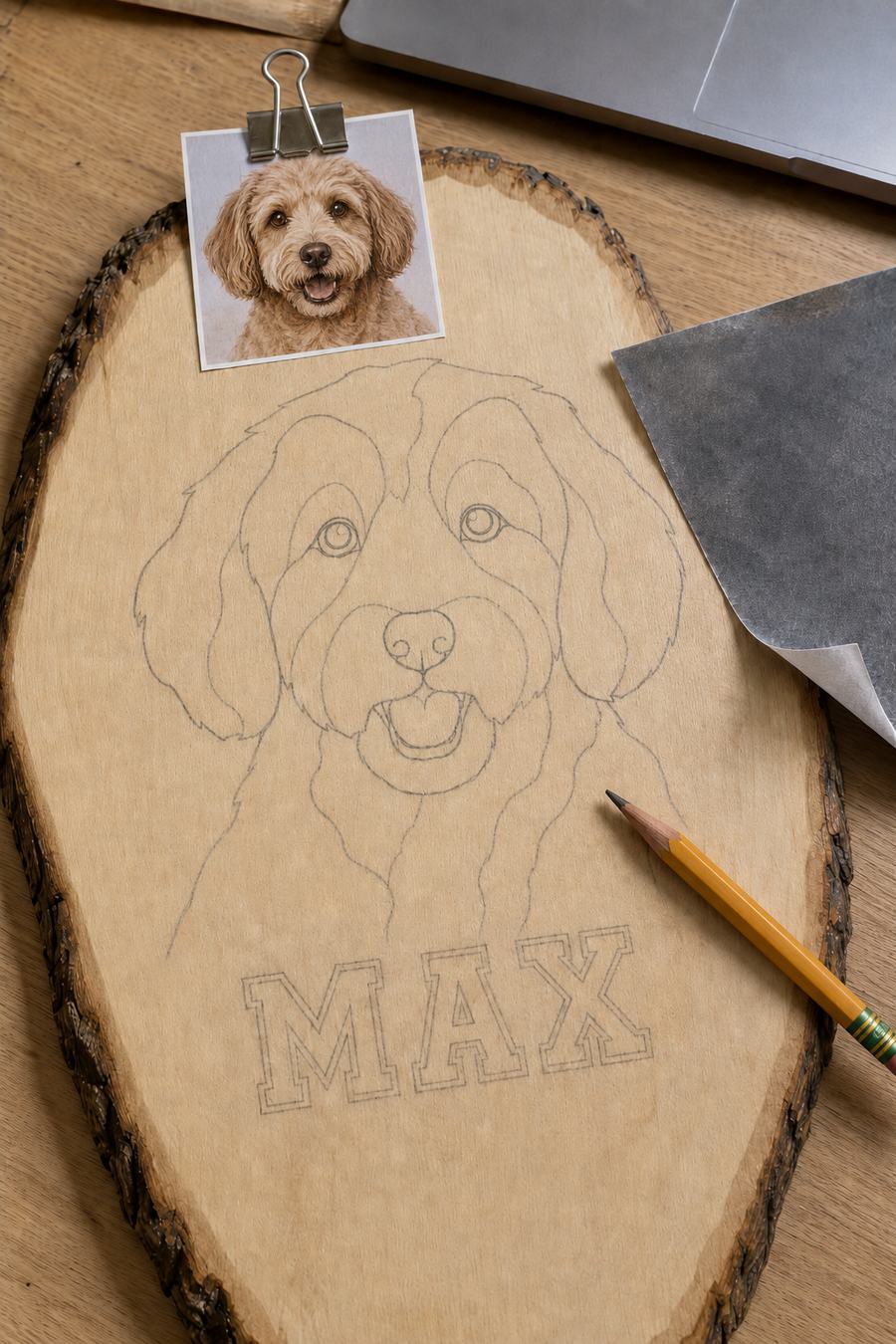 A dog's photo clipped beside a wood board with graphite transfer paper peeled back and the portrait mapped in pencil
