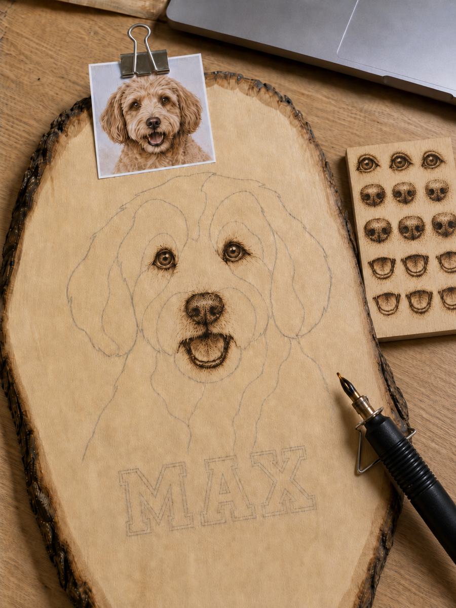 A feature-study board with a burned eye, nose, and muzzle study beside the final board where the face is coming alive