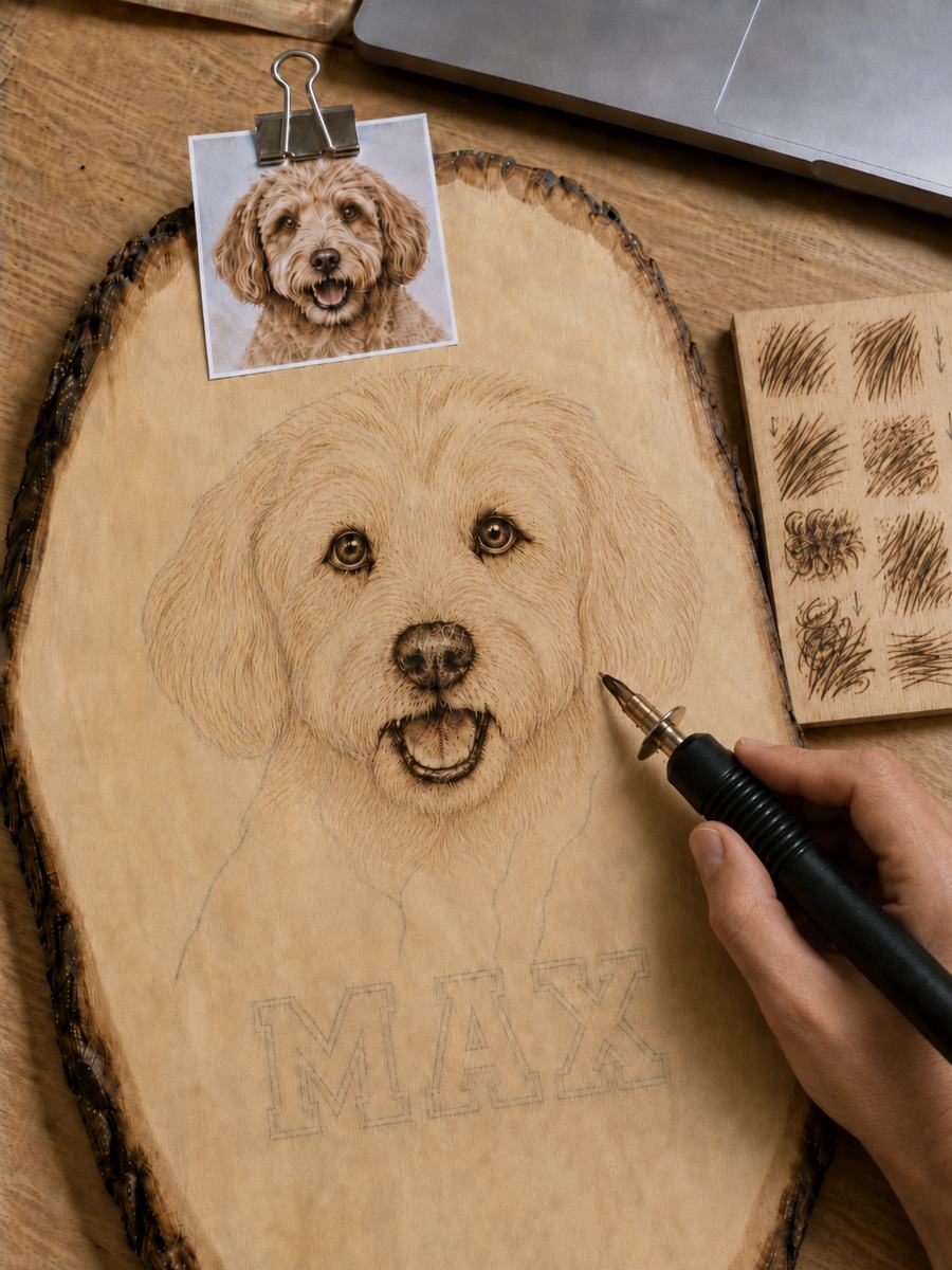 A fur sampler board beside the portrait, its coat rich with layered, directional fur
