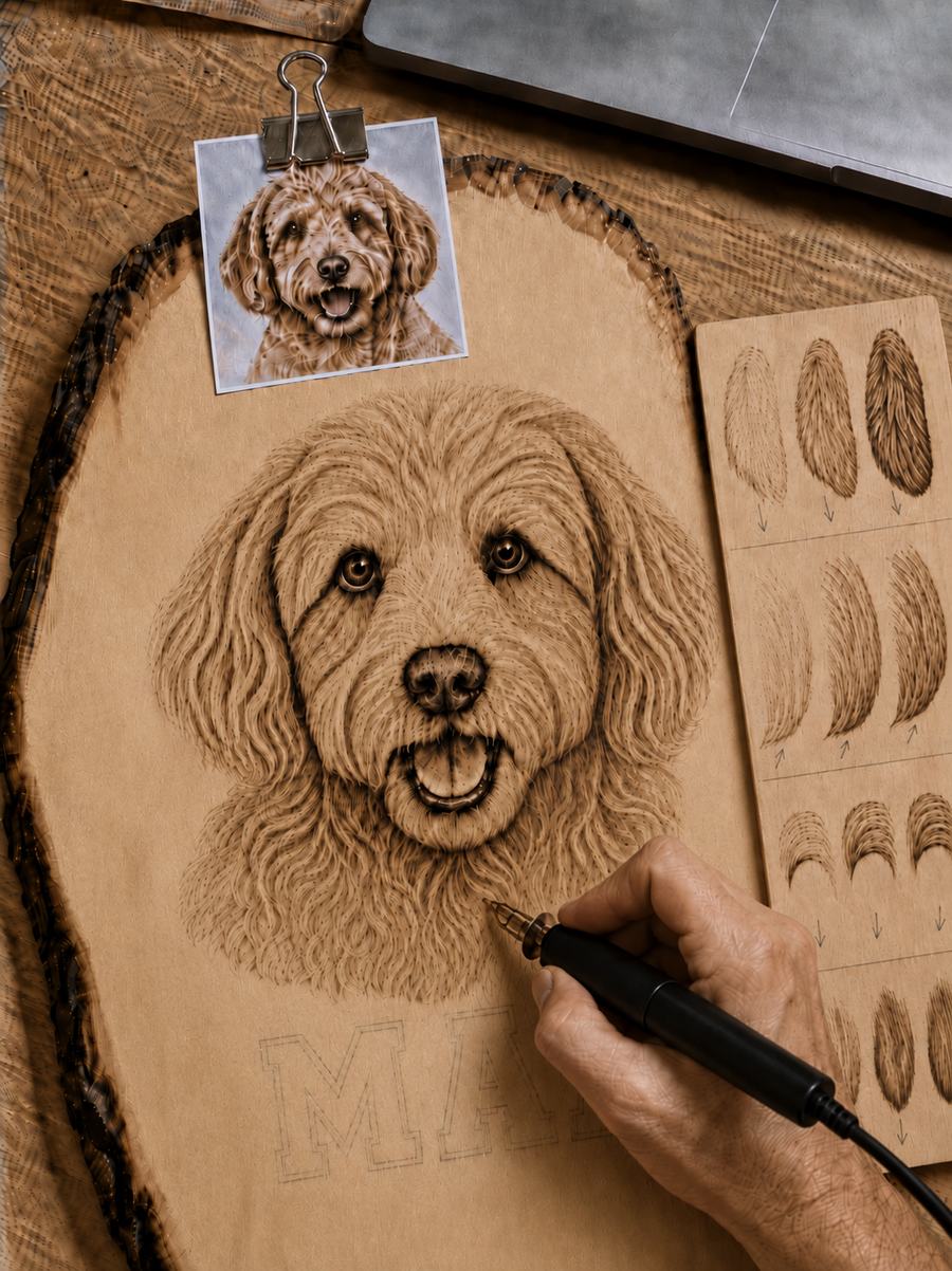 A practice board with the dog's own ear, cheek, brow and chin shapes each burned in three progressively deeper fur passes, beside the portrait