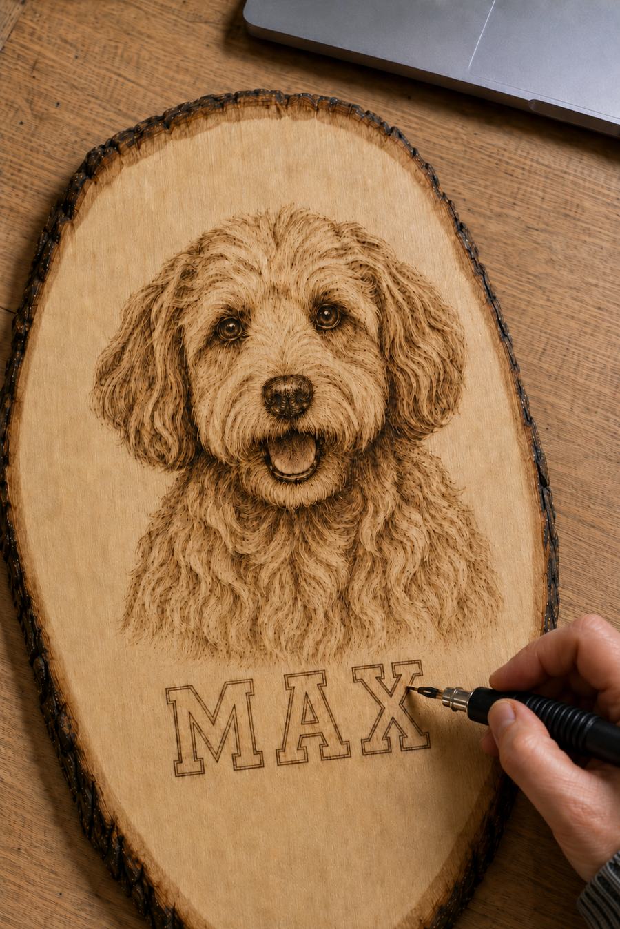 The completed portrait with a hand finishing the final stroke of the burned name lettering, freshly sealed